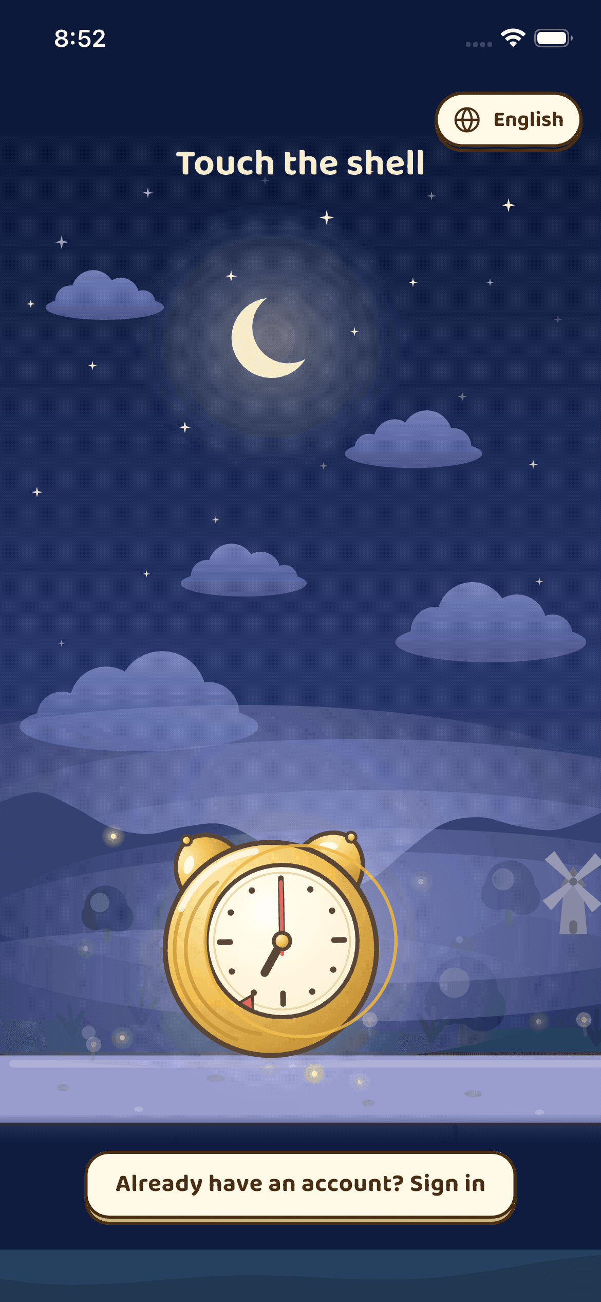 Snailarm welcome screen with Tock, the snail with an alarm clock on its back