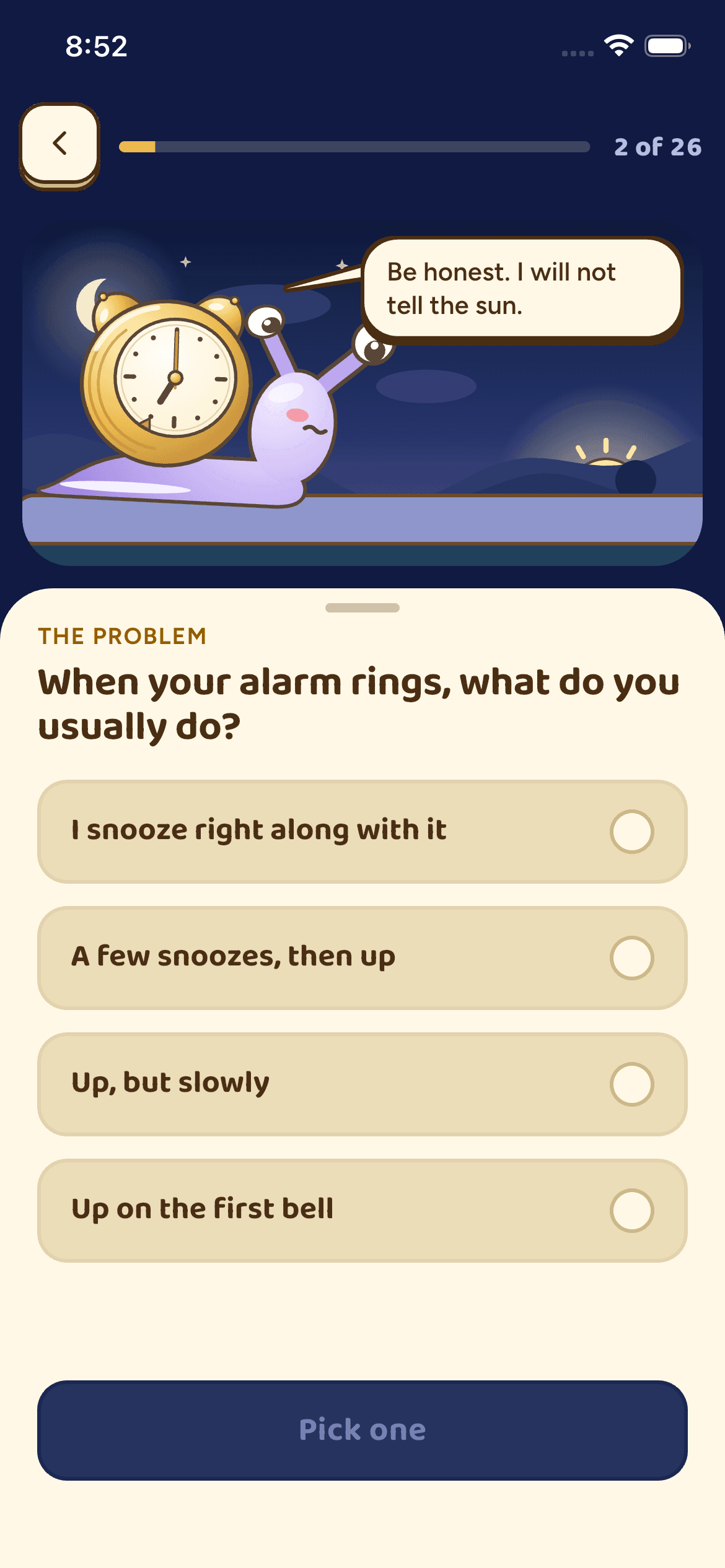 Snailarm onboarding question asking what you usually do when your alarm rings