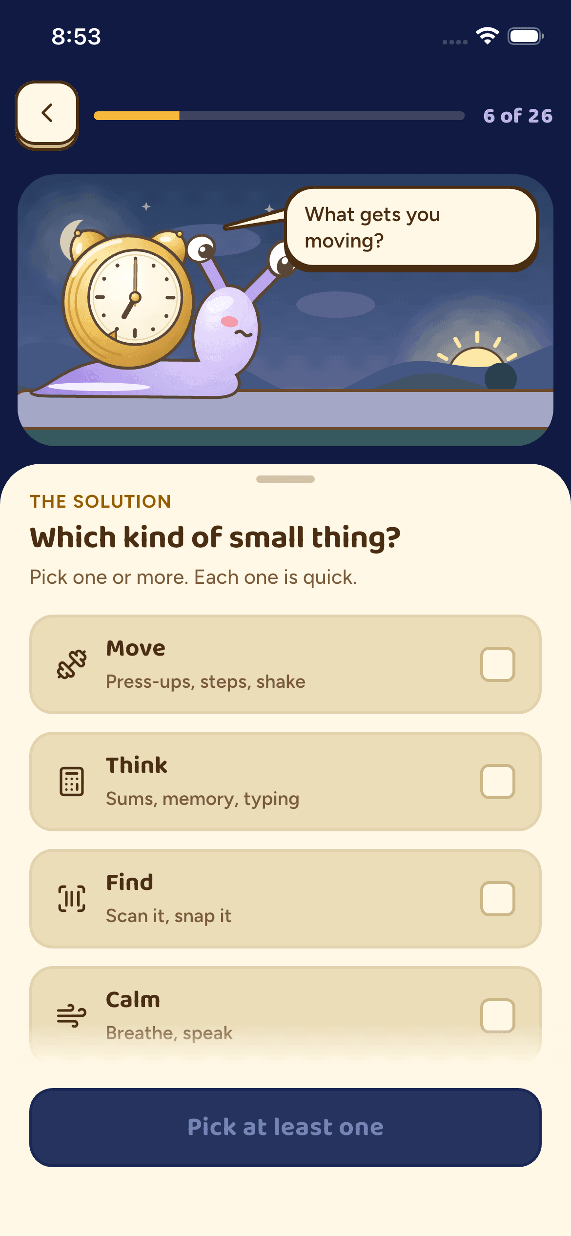 Snailarm onboarding choice of Move, Think, Find or Calm